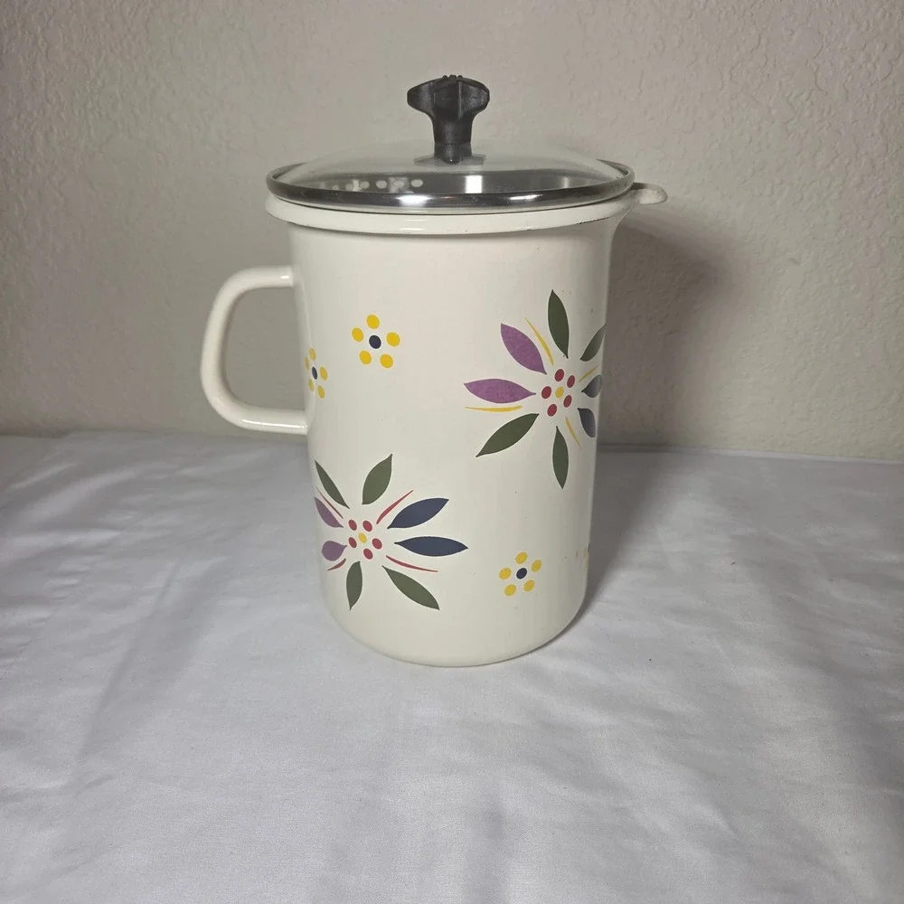 Temp-tations by Tara Enamelware Floral Pitcher Steamer Basket Glass Lid QQQ 16 T
